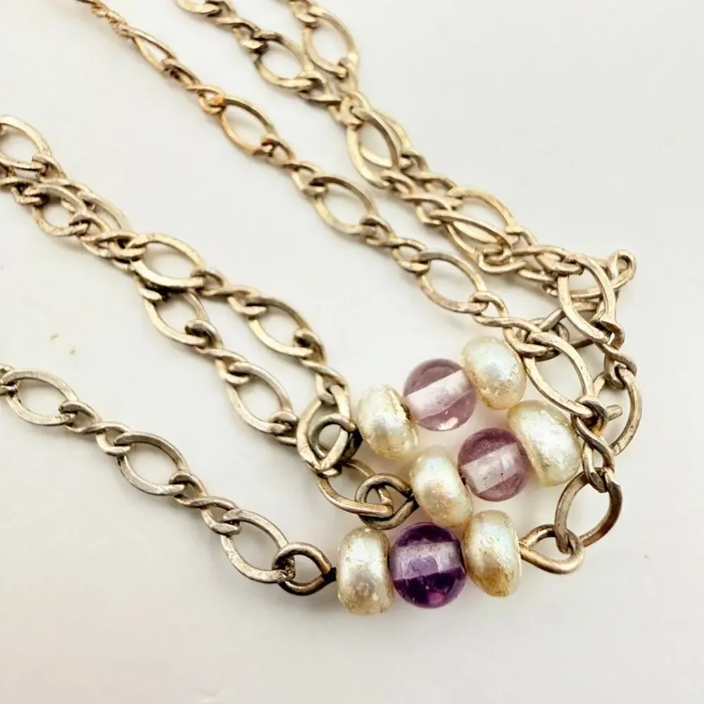 Vintage 925 Silver 3 Strand Figaro Chain Necklace Pearl Amethyst Beads 14